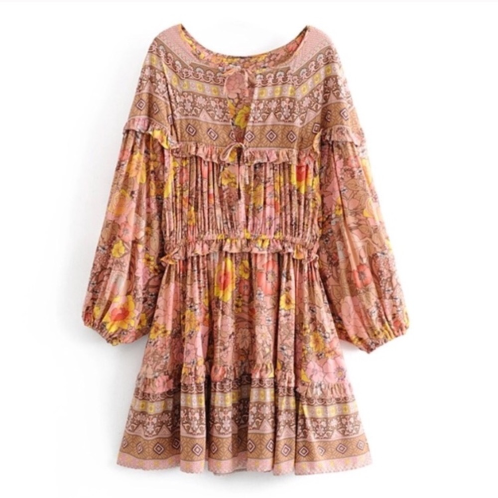 SOLD OUT Gypsy Boho Festival Floral Mini Long Sleeve Dress - Picture 7 of 8